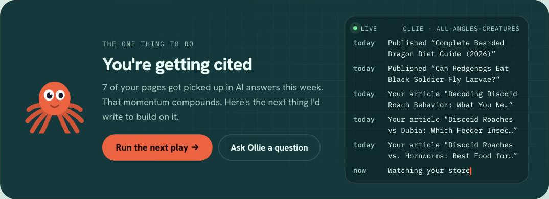 The RunOctopus home screen: Ollie reports 7 pages picked up in AI answers this week.